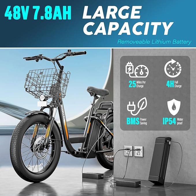 Caroma Electric Scooter with Seat, 48V Removable Battery E-Bike, Up to 30Miles&20MPH, 500/800/1200W Motor, 20" Fat Tire Adult Electric Bicycles for Commuting with Basket-StrideForce Fitness