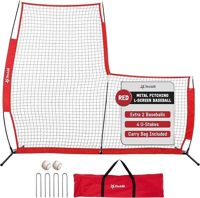 Yes4All Portable L-Screen Baseball 7x7ft with 2 Baseballs, Rubber Wheels - L Screen Baseball for Batting Cage, Protective Pitching Screen Net Double Layers, Carry Bag Included-StrideForce Fitness
