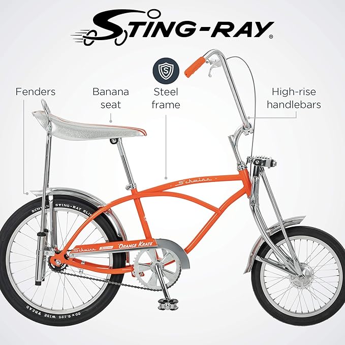 Schwinn Krate Classic Sting-Ray Bike, 20 Inch Bike for Kids or Adults, Steel Frame & Springer Fork, Fenders, Single Speed, Coaster Brake, Grey Ghost, Lemon Peeler, Coal, Grape, Orange or Apple-StrideForce Fitness