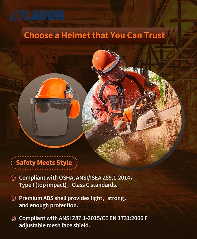 LANON Industrial Forestry Safety Helmet Protection System, ANSI Approved Chainsaw Hard Hats with Adjustable Ear Muffs & Face Shield Visor, 6 Point Adjustable Ratchet Suspension, Class C, Orange-StrideForce Fitness