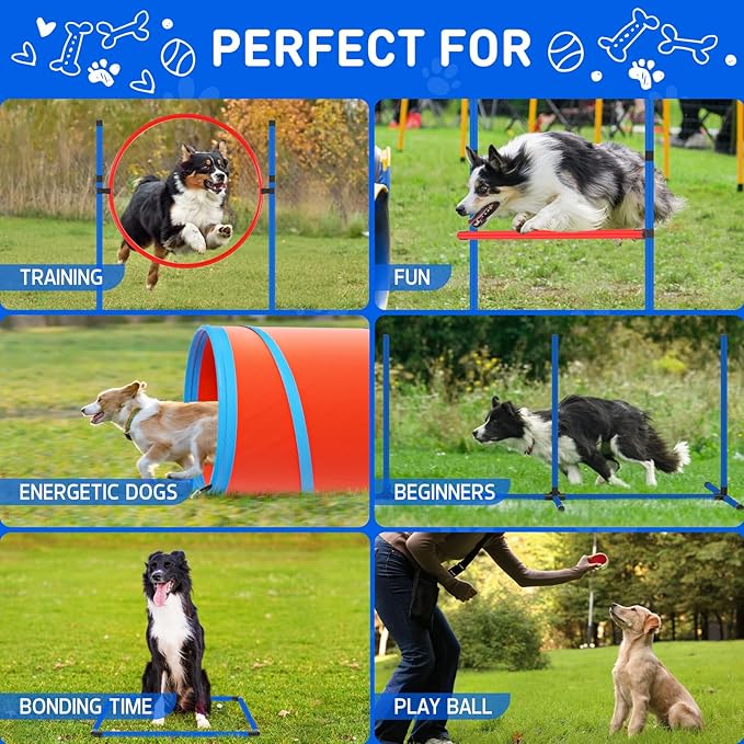 Dog Agility Course Backyard Set Dog Agility Equipment Obstacle Course Backyard Includes Adjustable High Hurdle,6 Weave Poles,Extended Tunnel,Jump Ring,Square Pause Box,2 Balls,Whistle,2 Carrying Bags-StrideForce Fitness