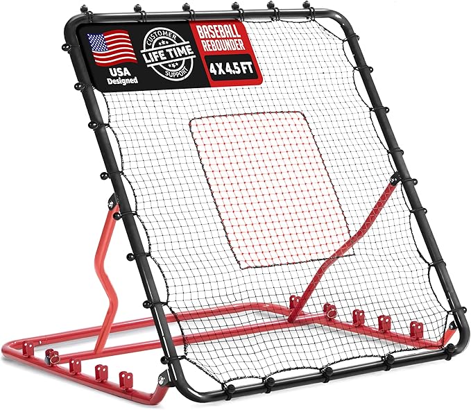 Baseball Rebounder Net, 3/5 Adjustable Angles 4x4.5FT Pitch Back Baseball Softball Volleyball Rebounder with 2 Strike Zones, UV Resistant, Pitchback Trainer for Ground, Line Drive & Fly Balls-StrideForce Fitness