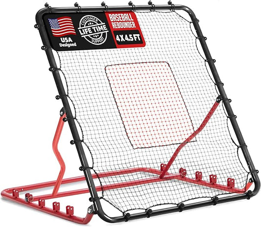 Baseball Rebounder Net, 3/5 Adjustable Angles 4x4.5FT Pitch Back Baseball Softball Volleyball Rebounder with 2 Strike Zones, UV Resistant, Pitchback Trainer for Ground, Line Drive & Fly Balls-StrideForce Fitness