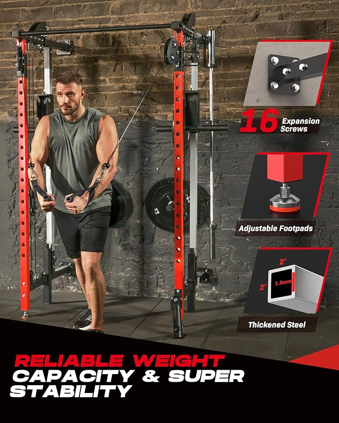 Folding Power Rack, Wall Mounted Squat Rack with Dual Independent Pulley System, Multi-Function Power Cage with 5 Adjustable Function Modes, Power Rack Trainer for Space Saving Home Gym-StrideForce Fitness