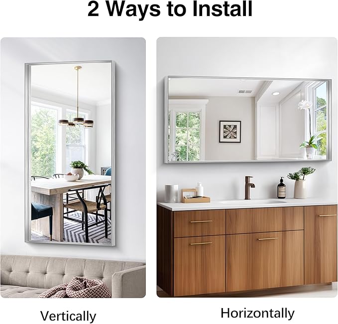 Silver Bathroom Mirror, 24x48 Inch Rectangular Framed Mirror, Large Wall Mounted Bathroom Vanity Mirror Over Sink for Bedroom,Restroom, Living Room, Hangs Vertically or Horizontally-StrideForce Fitness