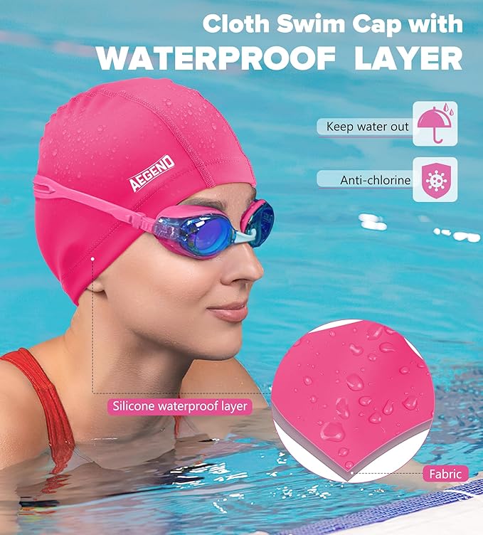 Aegend Fabric Swim Cap, Silicone Waterproof Layer - Breathable Cloth Swimming Cap, Keep Hair Dry with Hight Elasticity for Youth(8-16) Adult, 2 Sizes to Choose-StrideForce Fitness