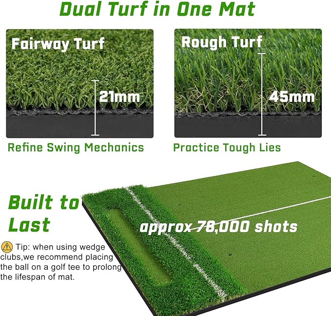 Dual-Turf 45/50MM Golf Hitting Mat, Built-in Ball Tray, Alignment Aid, Golf Mat Practice Outdoor & Indoor, Driving Chipping Putting in Backyard Garage Basement, Gift for Men Dad Golfer-StrideForce Fitness