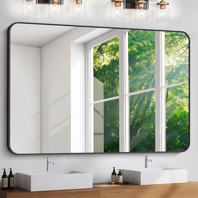 FORBATH Large Bathroom Mirror 60" x 40", Black Rectangle Metal Framed Rounded Corner Wide Wall Mounted Mirror for Bathroom Bedroom Entryway Decor(Horizontal/Vertical)-StrideForce Fitness