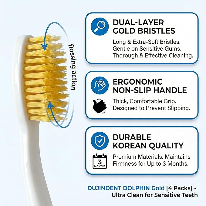 Dolphin Gold [4 Packs] Extra Soft Toothbrush Manual Long Flossing Bristle, Ultra Clean Toothbrush, Good for Sensitive Teeth and Gums (Black, Gold 4 Packs)
