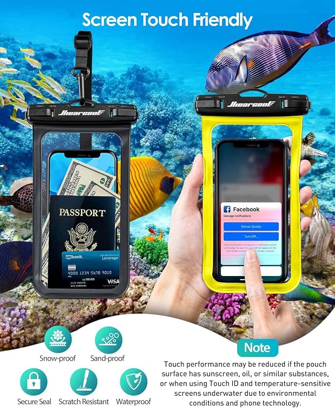 Hiearcool Waterproof Phone Pouch,Waterproof Cell Phone Dry Bag for iPhone,Universal Waterproof Case Beach Essentials for Vacation Kayak Cruise Accessories Must Haves-Black&Yellow-2Pack-StrideForce Fitness