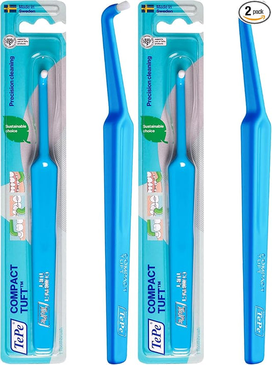 TePe Compact Tuft Toothbrush, Tufted Brush End Orthodontic Toothbrush for Braces, Dental Implants, Denture Brush, Small Head, 1 Pk (Pack of 2)