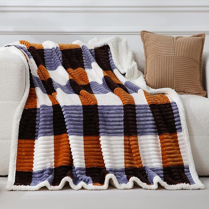 PU MEI Sherpa Blanket Twin Plaid Thick Bed Blanket, 80”*90” Super Soft Flannel Fuzzy Fleece Reversible Velvet Plush Warm Blanket for Couch (Brown Orange Check)-StrideForce Fitness