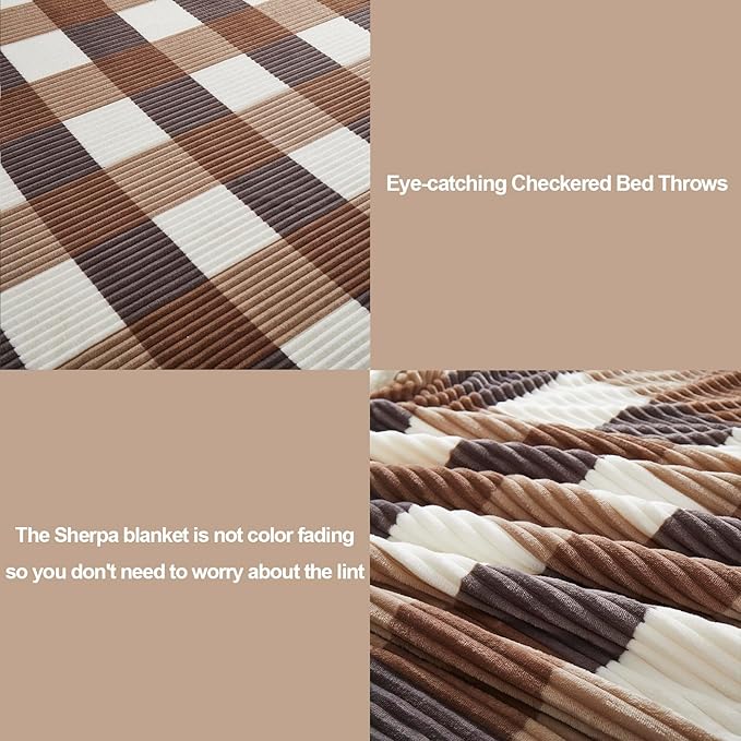 PU MEI Sherpa Blanket Twin Plaid Thick Bed Blanket, 60”*80” Super Soft Flannel Fuzzy Fleece Reversible Velvet Plush Warm Blanket for Couch (Beige Check, 60"*80")-StrideForce Fitness