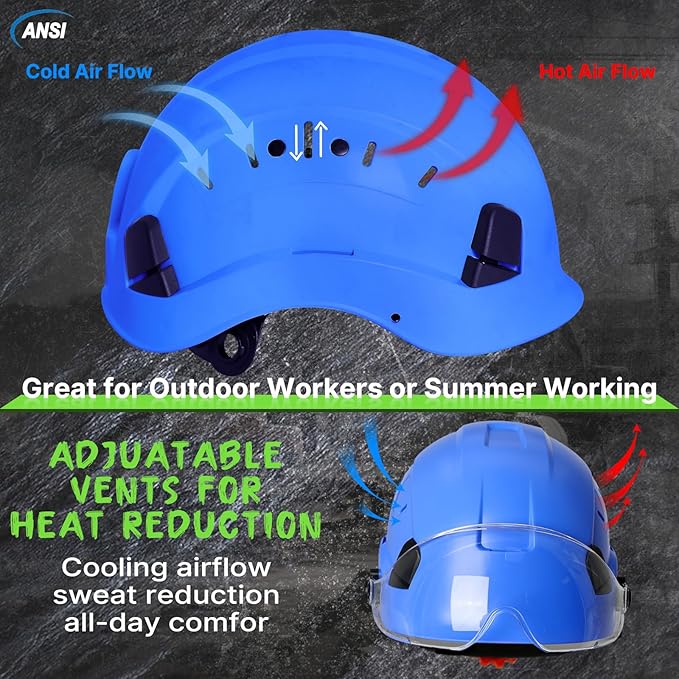 AOLAMEGS Construction Blue Hard Hats - Adjustable Vented Hard Hat with Visor for Men Women ABS Safety Helmet 6-Point Suspension Work Safety Helmet for Outdoor Height Industrial (with Clear Visor)-StrideForce Fitness