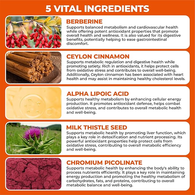 Berberine Supplement with Ceylon Cinnamon, Chromium, Alpha Lipoic Acid, Metabolic Care Supports Metabolism & Cardiovascular Health and Immune System, Helps Maintain Steady Energy Levels-StrideForce Fitness