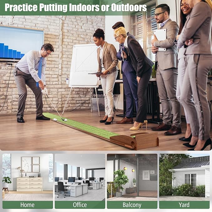 Tangkula 10 FT Golf Putting Green, 2/3-Hole Golf Putting Practice Mat with Auto Ball Return for Indoors & Outdoors, Alignment Guides & 3 Golf Balls, Mini Golf Game for Home and Office-StrideForce Fitness