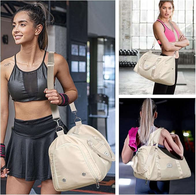 FIORETTO Womens Gym Tote Duffle Bag with Wet Pocket & Shoe Compartment, Sports Duffel Overnight Weekender Hospital Workout Carry on Bag for Girls, Ideal for Travel, Swimming, Dance, Ballet Beige-StrideForce Fitness
