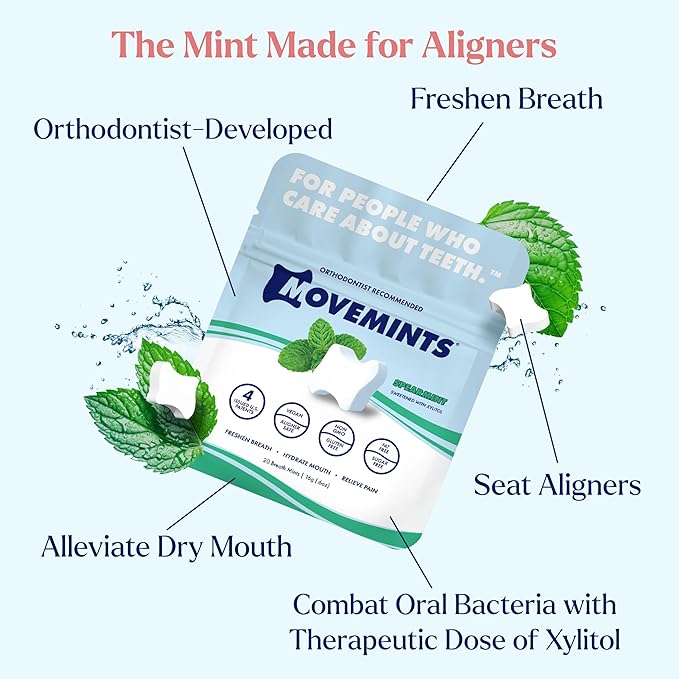 Movemints Clear Aligner Mints - Patented, Edible Alternative to Chewies - Freshen Breath and Improve Dry Mouth with Xylitol - Spearmint (3 Pack)