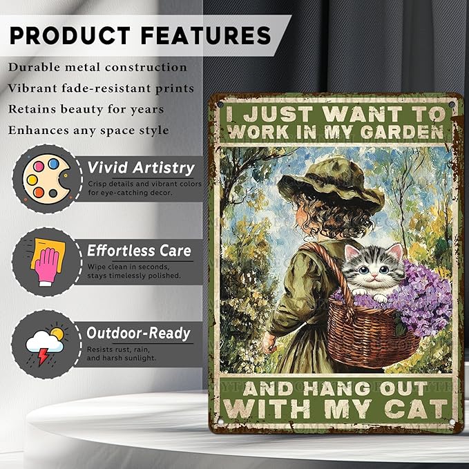 Garden Sign I Just Want To Work In My Garden and Hang Out With My Cat Vintage Metal Tin Sign Retro for Home Patio Backyard 12 * 16inch-StrideForce Fitness