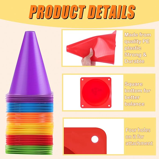 7" Soccer Cones for Training, 36 Pack Sports Agility Field Plastic Small Cones for Kids Skating Basketball Football Practice Drills, 6 Colors-StrideForce Fitness