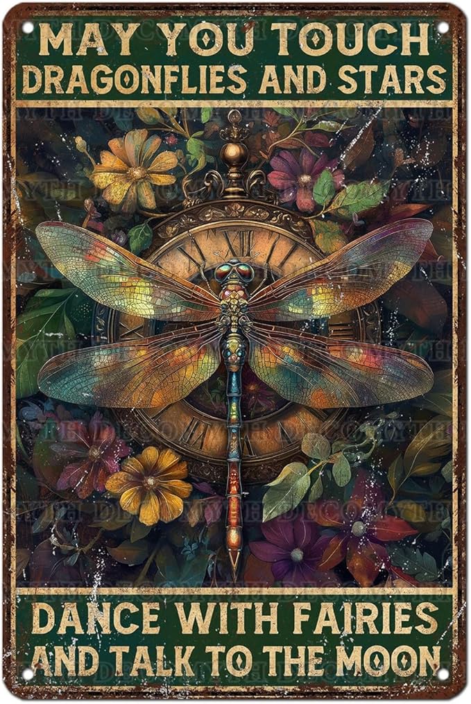 Vintage Dragonfly Tin Sign May You Touch Dragonflies And Stars Dance With Fairies And Talk To The Moon Retro Metal Poster Funny Wall Art Cafe Toilet Farm Room Garden Plaque Outdoor 12 * 8inch-StrideForce Fitness