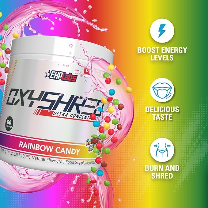 EHP Labs OxyShred Pre Workout Powder - Preworkout Powder with L Glutamine & Acetyl L Carnitine, Energy Boost Drink - Rainbow Candy, 60 Servings-StrideForce Fitness