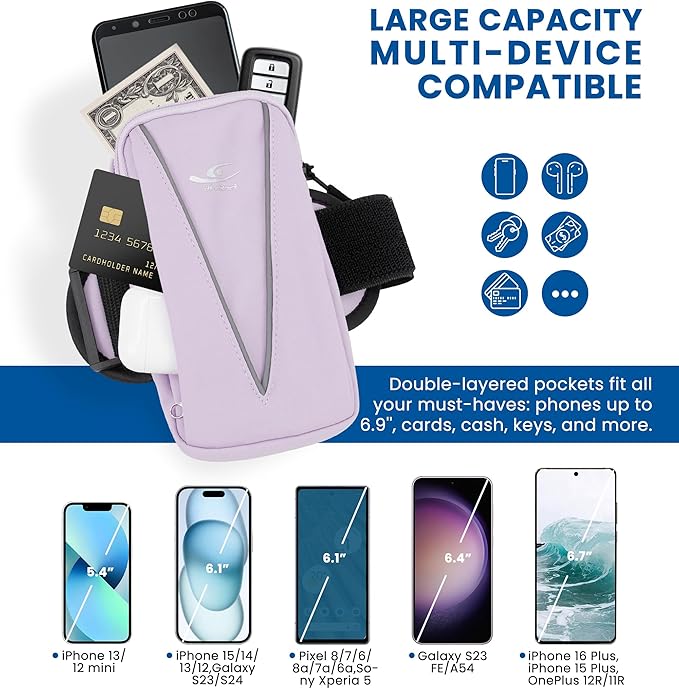 HiRui Cell Phone Holder Arm Bag & Wrist Bag for Phone, Sports Running Armband for Gym & Cycling, Compatible with iPhone 16/16Pro/Plus/15/14 Samsung Galaxy All Phones, Reflective & Adjustable (Purple)-StrideForce Fitness
