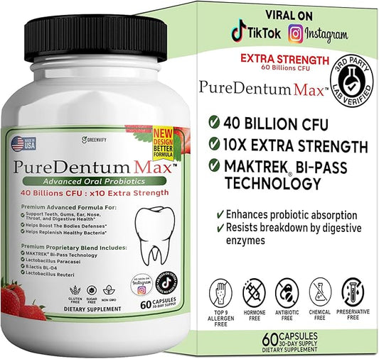 Puredentum Max for Gums and Teeth Health & Fresh Breath - 40 Billion CFU Advanced Oral Probiotics for Mouth Bad Breath, Capsule Supplement