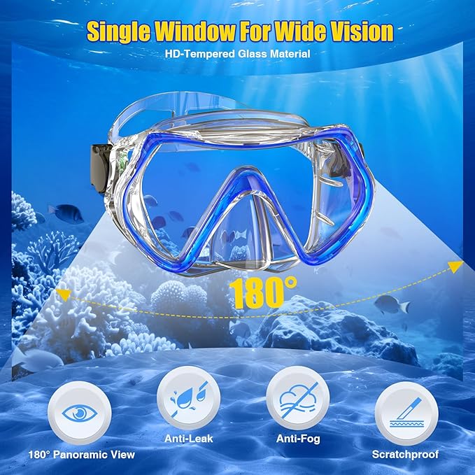 Snorkeling Gear, Dry Snorkel Set180° Panoramic Wide View,Anti-Fog Scuba Diving Mask, Professional Snorkeling Gear for Free Breathing, Swimming, Diving-StrideForce Fitness