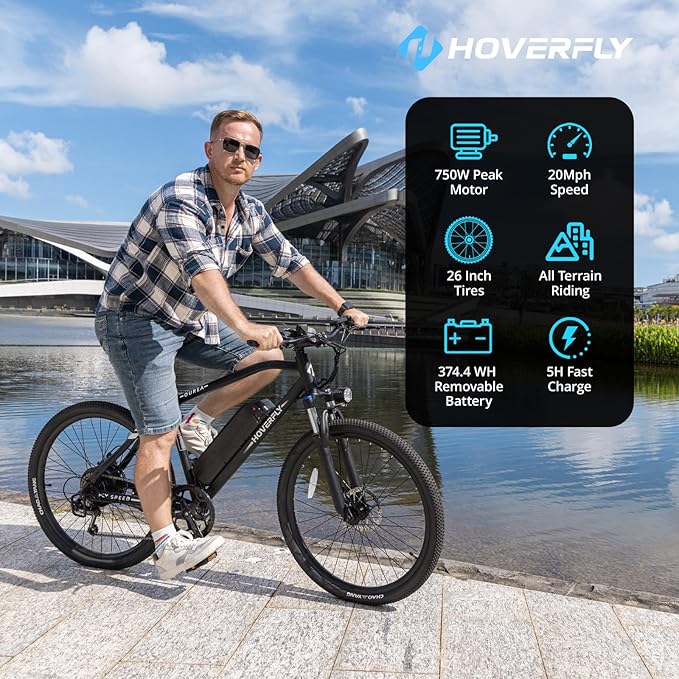 HOVERFLY OUREA 26" Electric Bike for Adults, 750W Peak Motor Mountain Ebike, 20MPH Up to 40 Miles, UL2849 Certified, 7-Speed, Removable Battery, Shock Absorber, Fat Tire Commuter E-Bike-StrideForce Fitness
