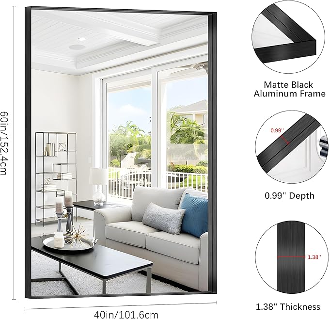 Black Bathroom Mirror, 60x40 Inch Rectangular Framed Mirror, Large Wall Mounted Bathroom Vanity Mirror Over Sink for Bedroom,Restroom, Living Room, Hangs Vertically or Horizontally-StrideForce Fitness