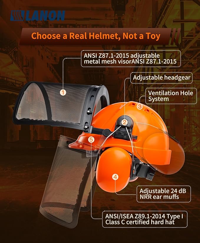LANON Industrial Forestry Safety Helmet Protection System, ANSI Approved Chainsaw Hard Hats with Adjustable Ear Muffs & Face Shield Visor, 6 Point Adjustable Ratchet Suspension, Class C, Orange-StrideForce Fitness