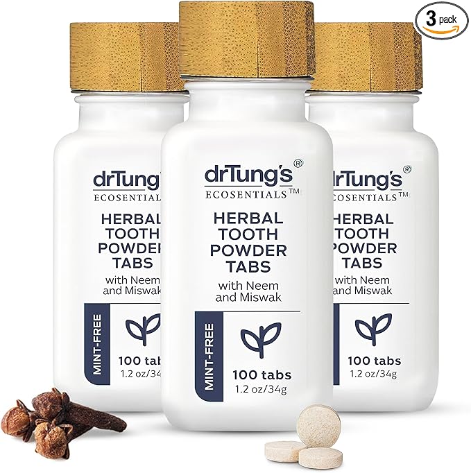 drTung's Herbal Toothpaste Tablets - Toothpaste Tabs for Dry Mouth Relief, Natural Tooth Powder Tablets for Fresh Breath, Fluoride Free, Travel Size, Vegan, Non-GMO - Mint-Free (100 Tabs), 3-Pack