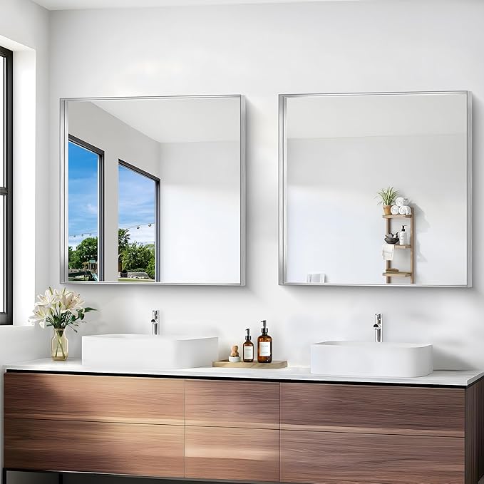 Silver Bathroom Mirror, 30x30 Inch Rectangular Framed Mirror, Large Wall Mounted Bathroom Vanity Mirror Over Sink for Bedroom,Restroom, Living Room, Hangs Vertically or Horizontally-StrideForce Fitness