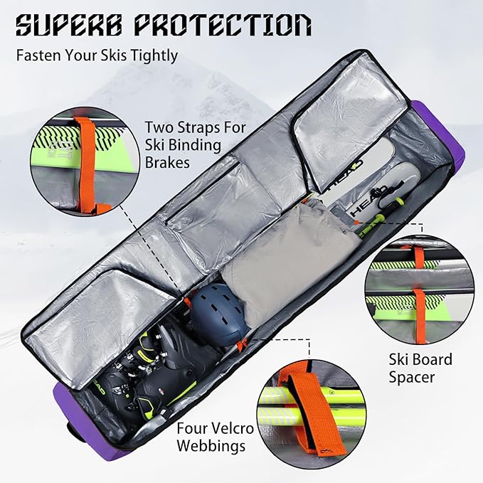 Goloni Ski Bag with Wheels,Padded Snowboard Bag for Air Travel,600D Waterproof Fabric,Foldable Snow Bag Fits 2 Pairs Skis-StrideForce Fitness