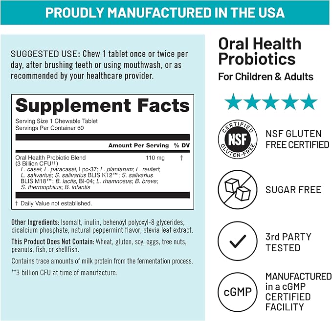 NatureWise Oral Probiotics for Mouth Bad Breath - Chewable Sugar-Free Mint - Lactobacillus reuteri Chewable - Oral Probiotics For Kids & Adults - Non-GMO USA Manufactured - 60 Count[60-Day Supply]