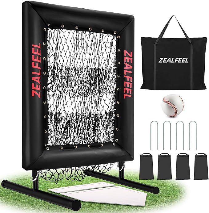 Baseball Pitching Net Pro, 9 Hole Pitching Net with Strike Zone Target, 5 Height Adjustable, Portable Easy Setup Trainer Net for Baseball & Softball with Ball, Home Plate & Pitching Rubber-StrideForce Fitness