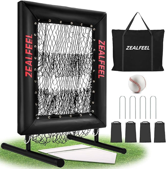 Baseball Pitching Net Pro, 9 Hole Pitching Net with Strike Zone Target, 5 Height Adjustable, Portable Easy Setup Trainer Net for Baseball & Softball with Ball, Home Plate & Pitching Rubber-StrideForce Fitness