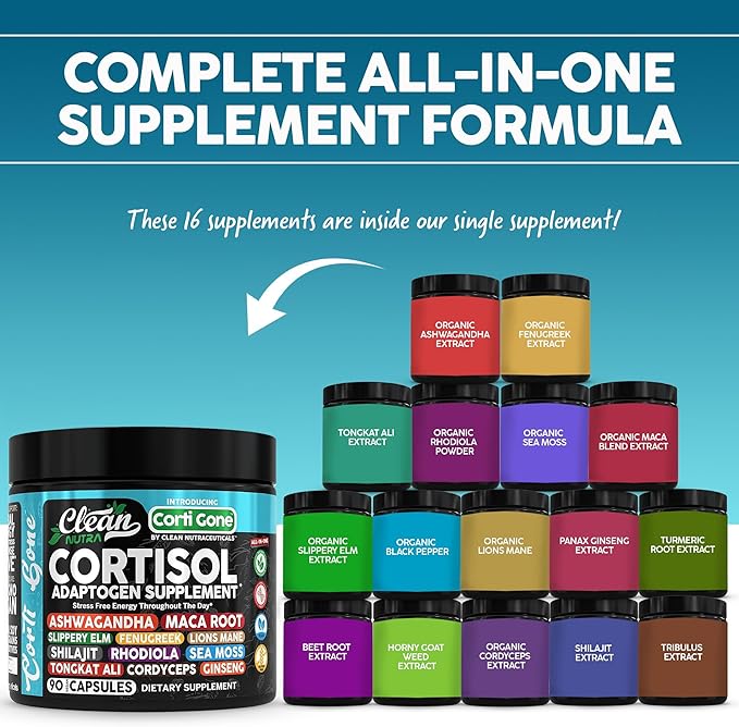 Corti Gone Cortisol Supplements For Women | Maca Root Ashwagandha Cortisol Detox Manager Reducer + Slippery Elm Fenugreek Lions Mane Shilajit Rhodiola Sea Moss Tongkat Ali Cordyceps Ginseng Beet Root-StrideForce Fitness