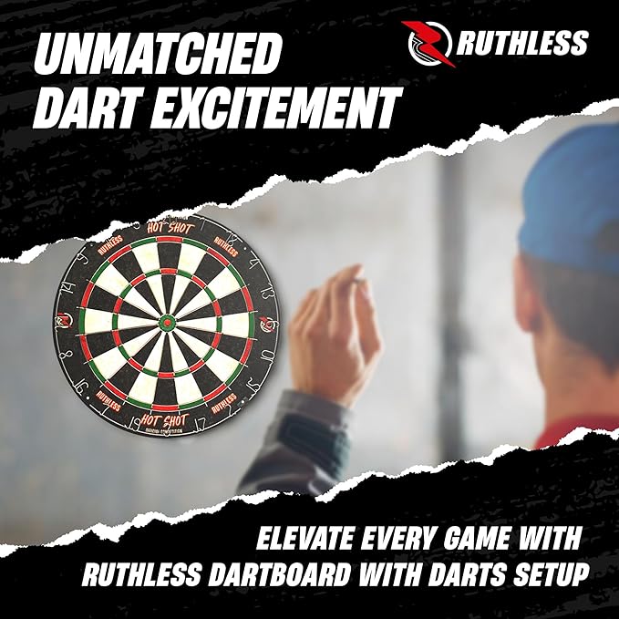 Ruthless Hot Shot Dart Board | Endurance Round Wire Sisal Dartboard Set Including 2 sets of Steel Tip Darts-StrideForce Fitness