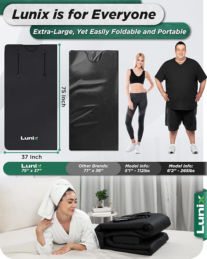 Lunix LX17 Infrared Sauna Blanket for Home, Portable Sauna for Detox, Pain Relief & Recovery, Adjustable 77–176°F Far Infrared Heat with Head Pillow, Detox Wrap & Hot Cold Gel Pack – Jet Black-StrideForce Fitness