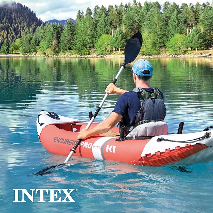 INTEX 68303EP Excursion Pro K1 Inflatable Kayak Set: Includes Deluxe 86in Kayak Paddles and High-Output Pump – SuperTough PVC – Adjustable Bucket Seat – 1-Person – 220lb Weight Capacity-StrideForce Fitness