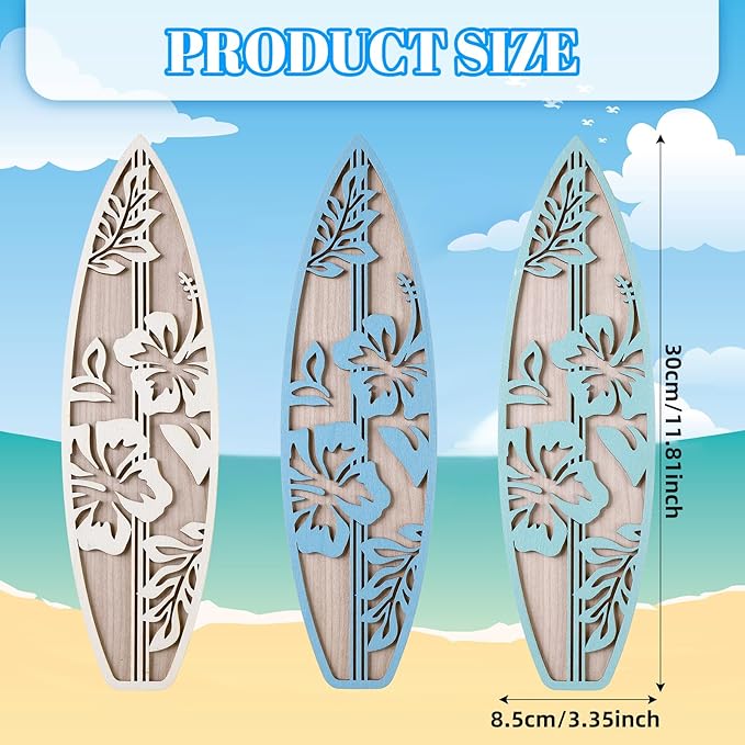 RattanView 3 Pieces Hibiscus Surfboard Decor for Bedroom Wooden Beach Wall Decor Summer Wood Surfboard Wall Hanging Sign for Tropical Living Room Decoration (Blue)-StrideForce Fitness