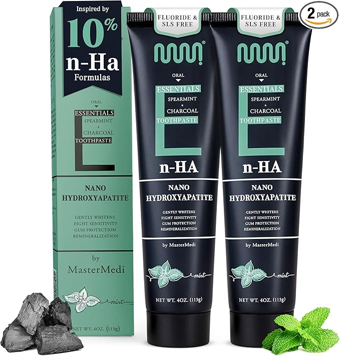 MasterMedi Nano Hydroxyapatite Toothpaste (Inspired by 10% nHA Formulas), Fluoride-Free, Charcoal Whitening, Sensitive Teeth Care, Enamel Support, SLS-Free, Xylitol, Citrus Mint, 4 Oz (Pack of 2)