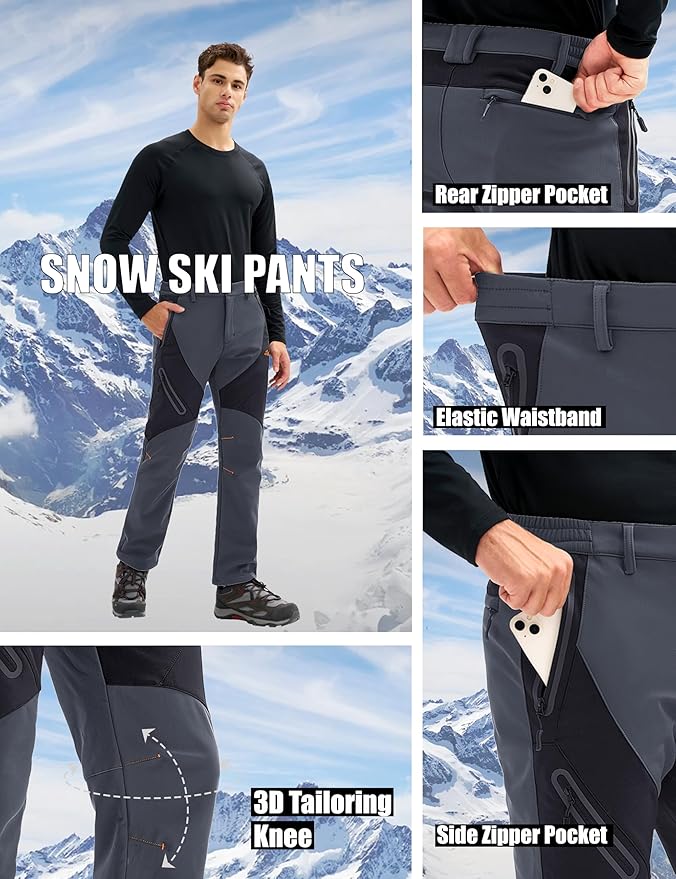 MAGCOMSEN Men's Snow Ski Pants Fleece Lined Water Resistant Winter Pants with 4 Zip Pockets for Snowboard Hiking Outdoor