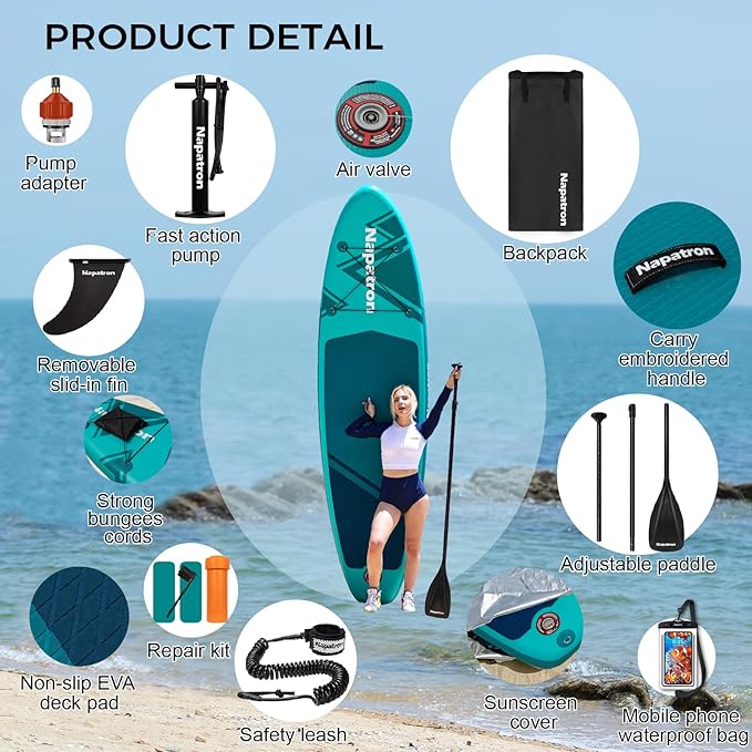 Napatron Family Inflatable Stand Up Paddle Board, Sup,Stable Wide Design,350LBS Capacity,Complete Paddle Board Package with Fast Action Pump,Leash,Ideal for Beginners/Youth & AllSkill Levels-StrideForce Fitness