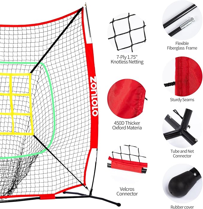 6x6ft Portable Baseball & Softball Net for Hitting，Pitching and Throwing, with Sturdy Bow Frame,Battting Tee,Ball Caddy and 2 Strike Zones, Perfect Pitching net for Kids!-StrideForce Fitness