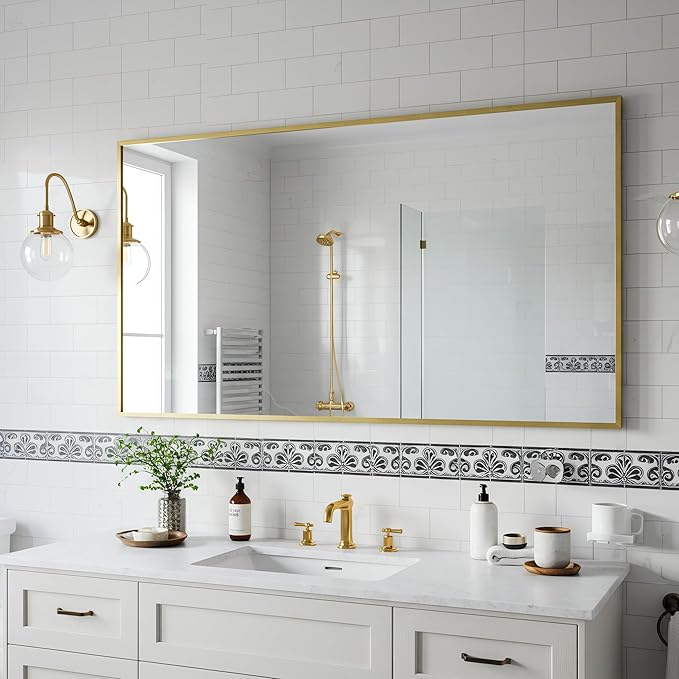 20x40 Inch Brass Bathroom Mirror for Wall, Aluminum Frame Rectangle Rectangular Vanity Mirror, Modern Large for Bedroom, Living Room, Horizontal or Vertical-StrideForce Fitness