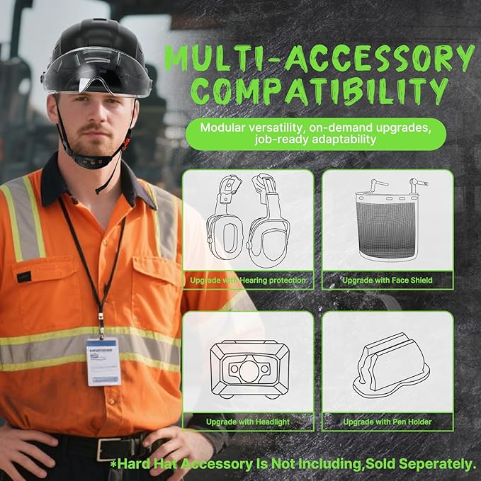 AOLAMEGS Construction Hard Hats for Men - ANSI Z89.1 OSHA Approved Safety Helmets, Black Hard Hat, Adjustable Vented Construction Hat with Clear Visor and Chin Strap, High Impact ABS Hardhats-StrideForce Fitness