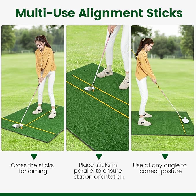 Tangkula Golf Hitting Mat, Artificial Turf Mat for Indoor/Outdoor Golf Practice Includes 2 Rubber Tees & 2 Alignment Sticks, Golf Training Mat for Home Backyard Garage-StrideForce Fitness